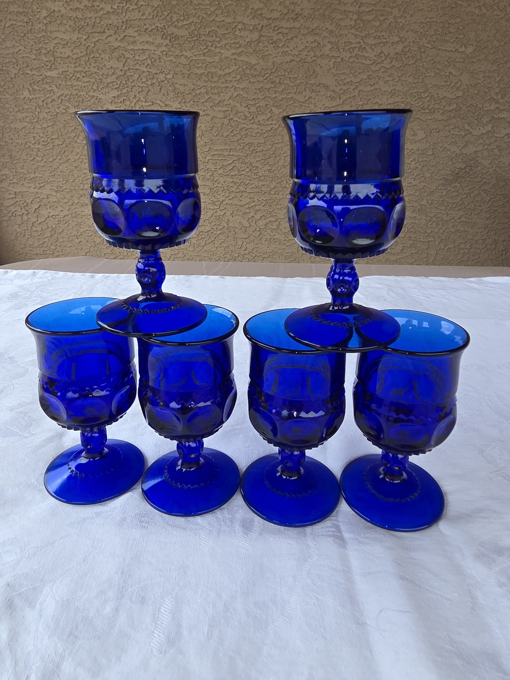 Vintage Indiana Glass Cobalt Blue Thumbprint/Kings Crown Goblets Set of 6
